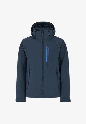Heren navy waterdichte jas met verstelbare capuchon, voorrits en twee ritszakken. Heeft blauwe accenten en een strakke uitstraling.