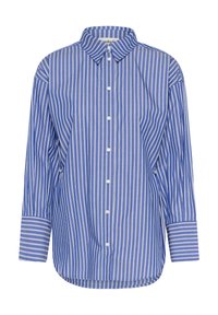 Blå og hvide stribede langærmet skjorte, knappet design, klassisk krave, rundet kant, lavet af letvægtsstof, har en afslappet pasform.