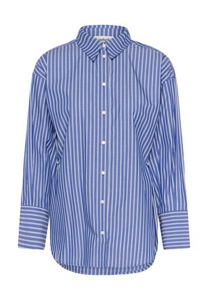 Mėlyna ir balta dryžuota ilgomis rankovėmis marškinėliai, su sagutėmis, klasikinio tipo apykakle, apvalios apačios, pagaminti iš lengvos medžiagos, pasižymi laisvu kirpimu.