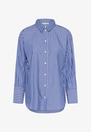 Mėlyna ir balta dryžuota ilgomis rankovėmis marškinėliai, su sagutėmis, klasikinio tipo apykakle, apvalios apačios, pagaminti iš lengvos medžiagos, pasižymi laisvu kirpimu.