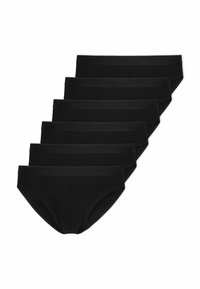 Zwarte katoenen slips, zes-pack, met een soepele tailleband en een klassieke snit. De stof lijkt zacht met een matte afwerking en minimale details.