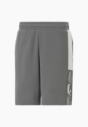 Graue Sportsshorts mit elastischem Bund und weißem vertikalem Streifen mit wiederholtem Puma-Logo an der Seite.