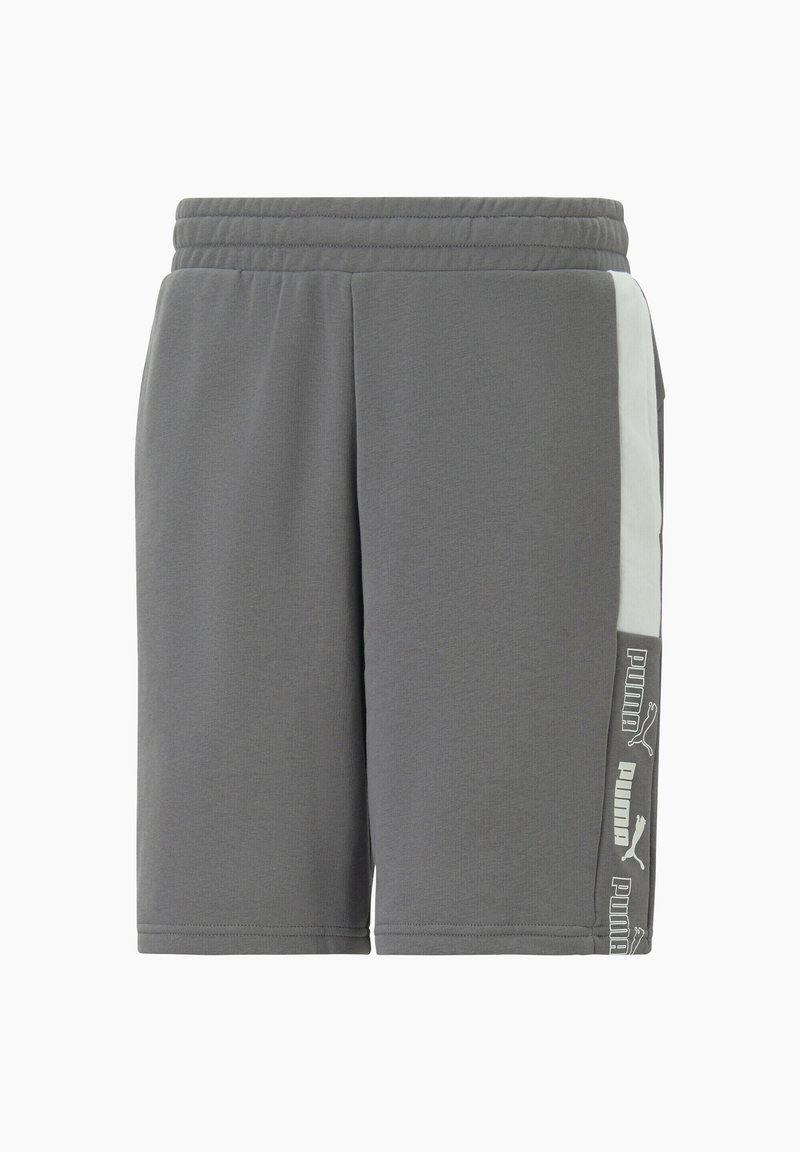 Shorts de sport gris avec taille élastique et bande verticale blanche présentant le logo Puma répété sur le côté.