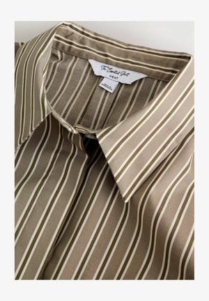 Brown striped shirt made of smooth fabric featuring alternating narrow white and dark brown stripes, with a classic collar and label visible.