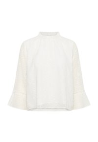 Blouse blanche à manches longues avec un col haut, des manches évasées, une broderie florale et un motif texturé sur toute la surface. Tissu doux et léger.