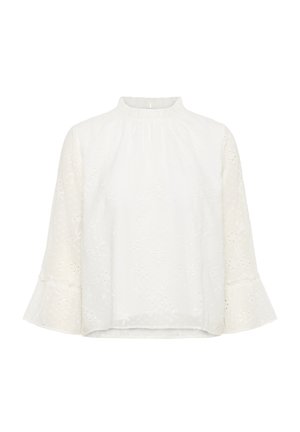 Witte blouse met lange mouwen en een hoge hals, wijde mouwen, bloemrijke borduursels en een doorlopend textuurpatroon. Zachte, lichte stof.
