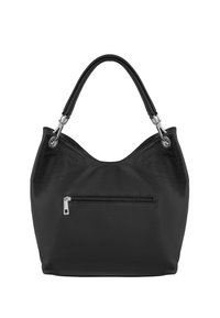 Black leather handbag with a textured finish, curved shape, top handle, and a silver zipper pocket on the front.