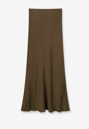 Long, khaki-colored skirt made of soft, flowing fabric. Features a straight cut with a slight flare at the hem. Minimalist design.