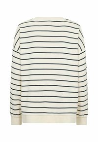 Krämsfärgad långärmad sweatshirt med smala horisontella svarta ränder, ribbade ärmslut och ribbad midja, visad från baksidan.