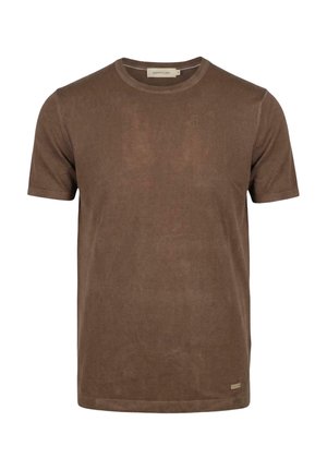 T-shirt marrone a maniche corte con scollo rotondo, caratterizzata da una texture sottile e da una piccola etichetta del marchio vicino all'orlo inferiore.