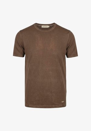 T-shirt marrone a maniche corte con scollo rotondo, caratterizzata da una texture sottile e da una piccola etichetta del marchio vicino all'orlo inferiore.