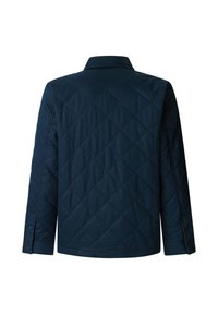 Chaqueta acolchada azul marino con cuello, mangas largas y puños abotonados. Presenta un patrón de diamantes y una textura suave.
