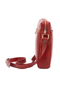 Borsa a tracolla rossa in pelle con design piatto, zip in tonalità oro e tracolla regolabile. Texture liscia e dettagli minimi.