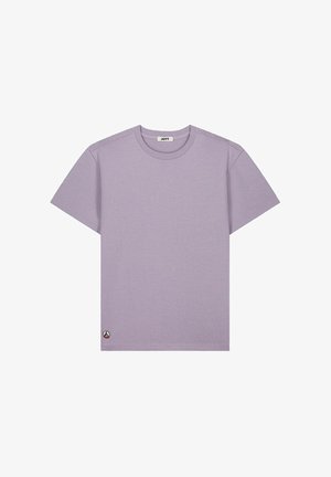 Lavendelkleurig T-shirt met korte mouwen en een ronde hals, met een kleine ronde logovlek bij de linker onderzoom.