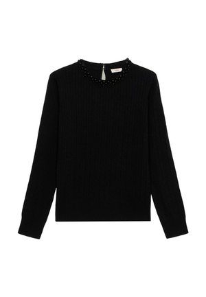 Schwarzer Pullover mit gerippter Textur, Rundhalsausschnitt verziert mit schwarzen Perlen und einem Reißverschluss auf der Rückseite. Lange Ärmel und schmal zulaufender Saum.