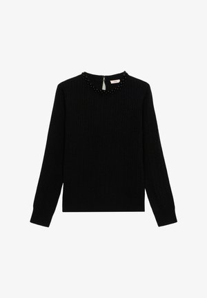 Schwarzer Pullover mit gerippter Textur, Rundhalsausschnitt verziert mit schwarzen Perlen und einem Reißverschluss auf der Rückseite. Lange Ärmel und schmal zulaufender Saum.
