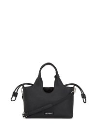 Black leather handbag with dual handles, removable shoulder strap, and silver hardware. Features textured surface and a single exterior pocket.