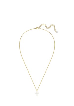 Collar de cadena dorada con un pequeño colgante de cruz incrustado con piedras preciosas transparentes y un cierre ajustable con cadena extensora.