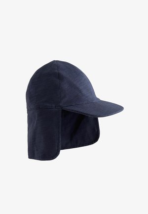 Casquette bleu foncé avec protection en tissu prolongée pour le cou et les oreilles, et une visière rigide et incurvée, conçue pour la protection solaire.