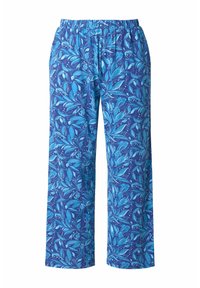 Bloemmotief, blauwe broek met een ontspannen pasvorm, gemaakt van lichtgewicht stof. Voorzien van een elastische tailleband en een levendig bladontwerp.