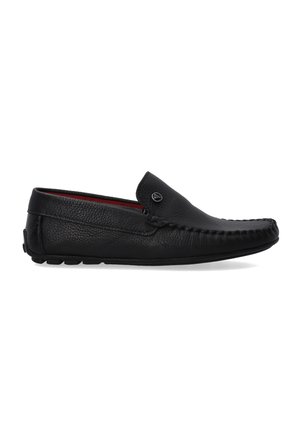 Black leather loafers with a textured finish, slip-on design, visible stitching along the upper, and a red lining.