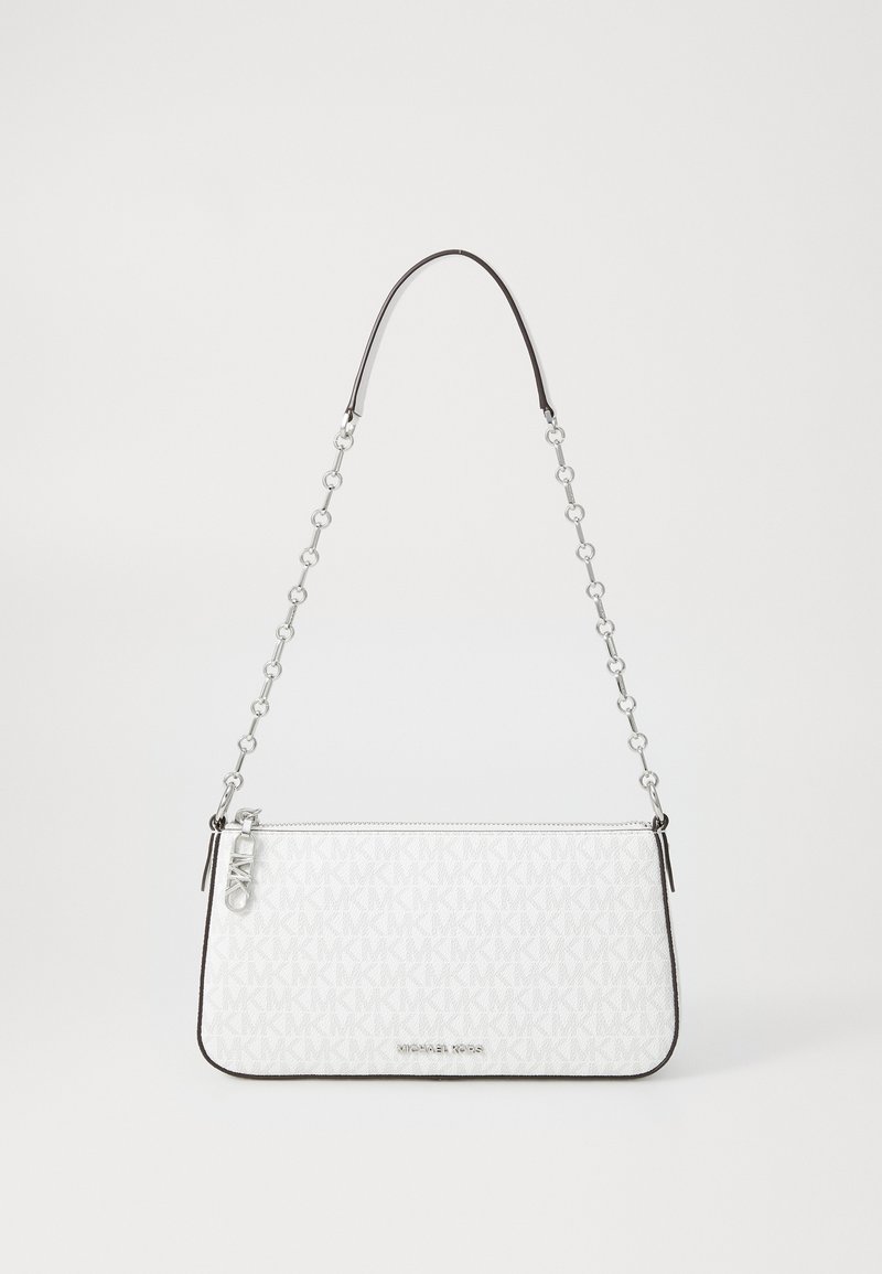 White crossbody bag with a geometric pattern, black trim, metal chain strap, and silver logo hardware. Smooth texture and rectangular shape.