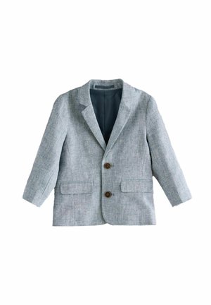 Blazer azzurro chiaro con trama, due bottoni, rever a lancia e due tasche frontali. Interno foderato in tonalità più scura.