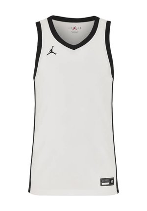 Hvid basketballtrøje med sort kant, med sort Jumpman-logo på brystet og en størrelsesmærkat nederst til højre.