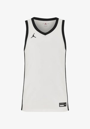 Biały koszulkowy strój koszykarski z czarnym obszyciem, z czarnym logo Jumpman na piersi i metką rozmiaru w prawym dolnym rogu.