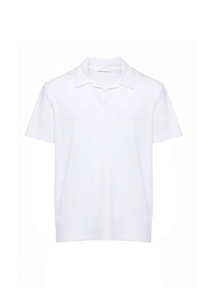 Polo bianca a maniche corte con colletto rilassato e senza bottoni visibili, mostrata su uno sfondo bianco semplice.