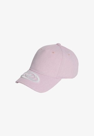 Cappellino da baseball rosa realizzato in tessuto a coste, presenta una visiera curva e un logo ricamato in bianco sul davanti. Sei fori per la ventilazione.