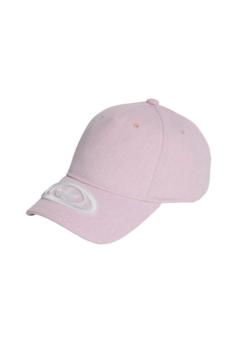 Pink baseball cap made of ribbed fabric, features a curved visor and embroidered logo in white on the front. Six eyelets for ventilation.
