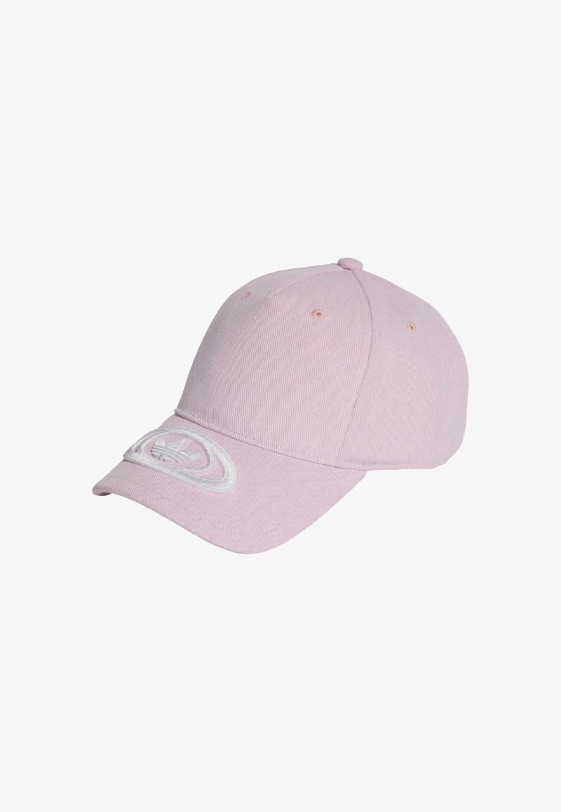 Pink baseball cap made of ribbed fabric, features a curved visor and embroidered logo in white on the front. Six eyelets for ventilation.