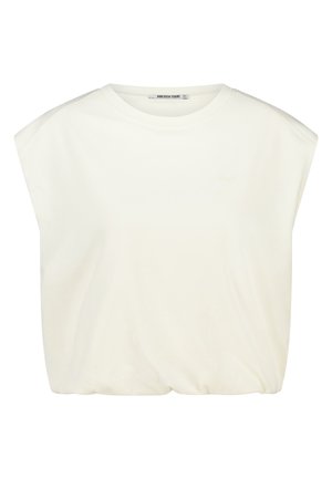 White short-sleeve top with a loose, boxy fit, featuring a rounded neckline and gathered hem. Smooth fabric with no visible patterns.