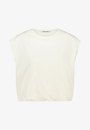 White short-sleeve top with a loose, boxy fit, featuring a rounded neckline and gathered hem. Smooth fabric with no visible patterns.