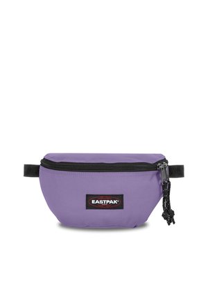 Riñonera Eastpak morada con cremallera negra y correa ajustable, parche del logo rectangular en el centro delantero.