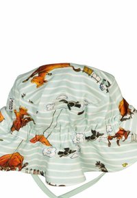 Keps med ljus mintgrön tyg, prydd med lekfulla djurillustrationer och vita ränder. Elastisk band för en säker passform.