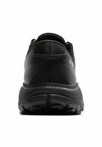 Scarpa da corsa nera con parte superiore testurizzata, colletto imbottito e suola ammortizzata caratterizzata da un motivo a pois e scanalature profonde per la trazione.