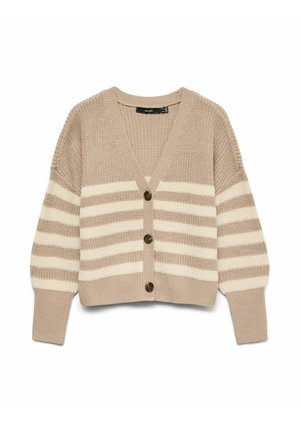 Beige knitted cardigan with cream stripes, v-neck, drop shoulders, and three brown buttons at the front. Soft texture, mid-crop design.