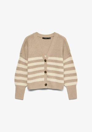 Cardigan en tricot beige avec rayures crème, col en V, épaules tombantes et trois boutons marron à l'avant. Texture douce, coupe mi-courte.
