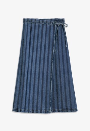Blue wrap skirt with vertical dark stripes and a side tie closure, made of denim fabric.