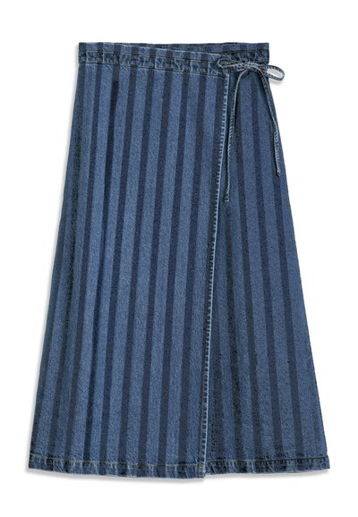 Blue wrap skirt with vertical dark stripes and a side tie closure, made of denim fabric.
