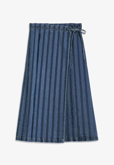 Blue wrap skirt with vertical dark stripes and a side tie closure, made of denim fabric.
