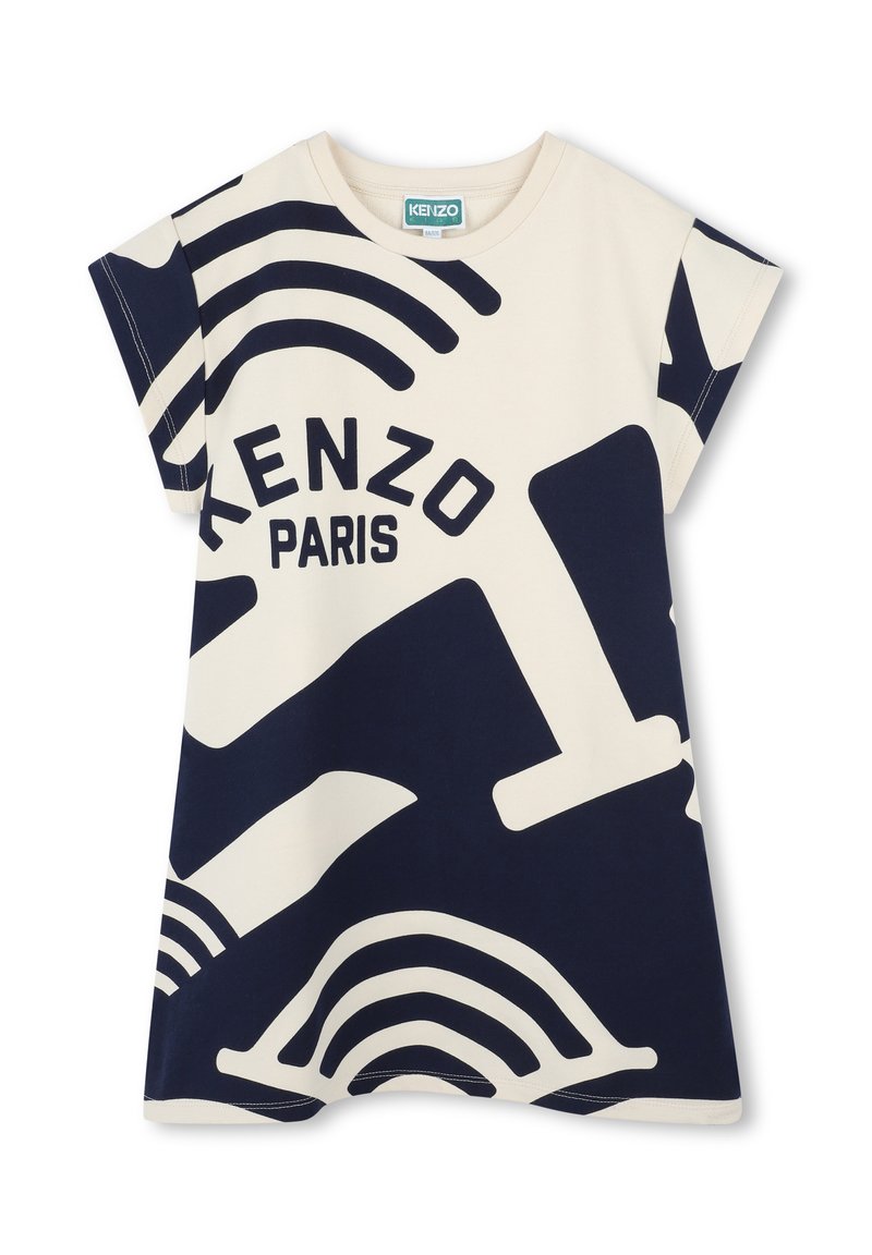 T-shirt Kenzo en coton, avec une base beige ornée de motifs graphiques navy audacieux et du texte "Kenzo Paris". Manches courtes, coupe décontractée.