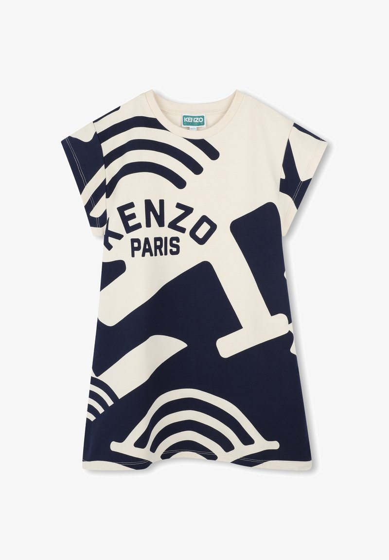 T-shirt Kenzo en coton, avec une base beige ornée de motifs graphiques navy audacieux et du texte "Kenzo Paris". Manches courtes, coupe décontractée.