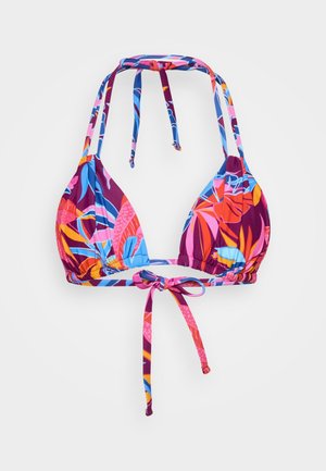 Triangular bikini top in vibrant multicolored tropical pattern. Features adjustable ties at the neck and back, gathered fabric for fit.