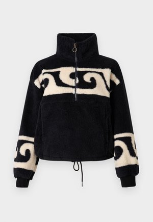 Schwarzer Fleece-Pullover mit cremefarbenen Wirbelmustern auf der Brust und den Ärmeln, halb geschlossene Reißverschluss mit Ring-Zipper, hoher Kragen und Kordelzugsaum.