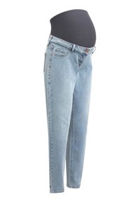 Jeans premaman azzurri chiari con un elastico in vita nero, cinque tasche e una vestibilità a gamba affusolata. Realizzati in tessuto denim con leggera elasticità.