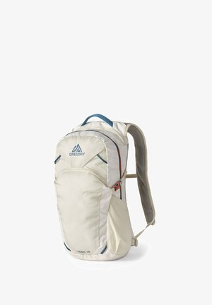 Lightweight cream backpack with blue accents, zippered compartments, textured fabric, and padded straps for comfort. Suitable for outdoor use.