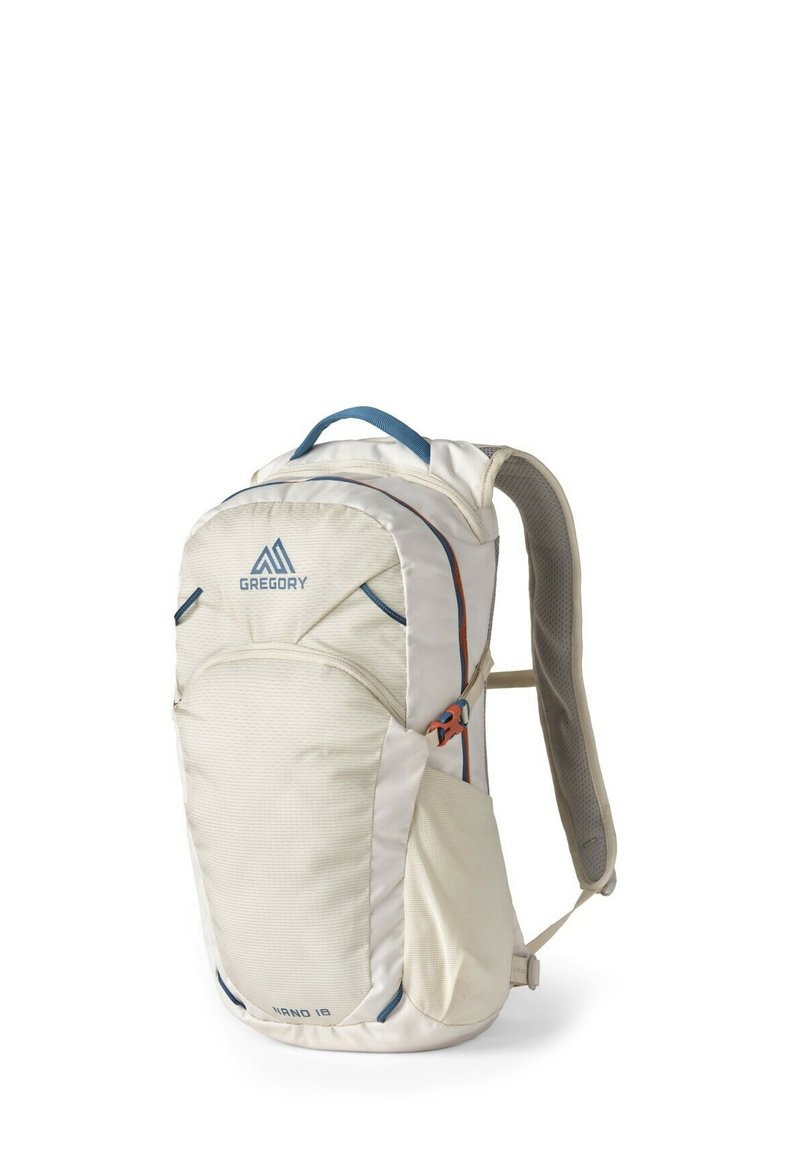 Lightweight cream backpack with blue accents, zippered compartments, textured fabric, and padded straps for comfort. Suitable for outdoor use.